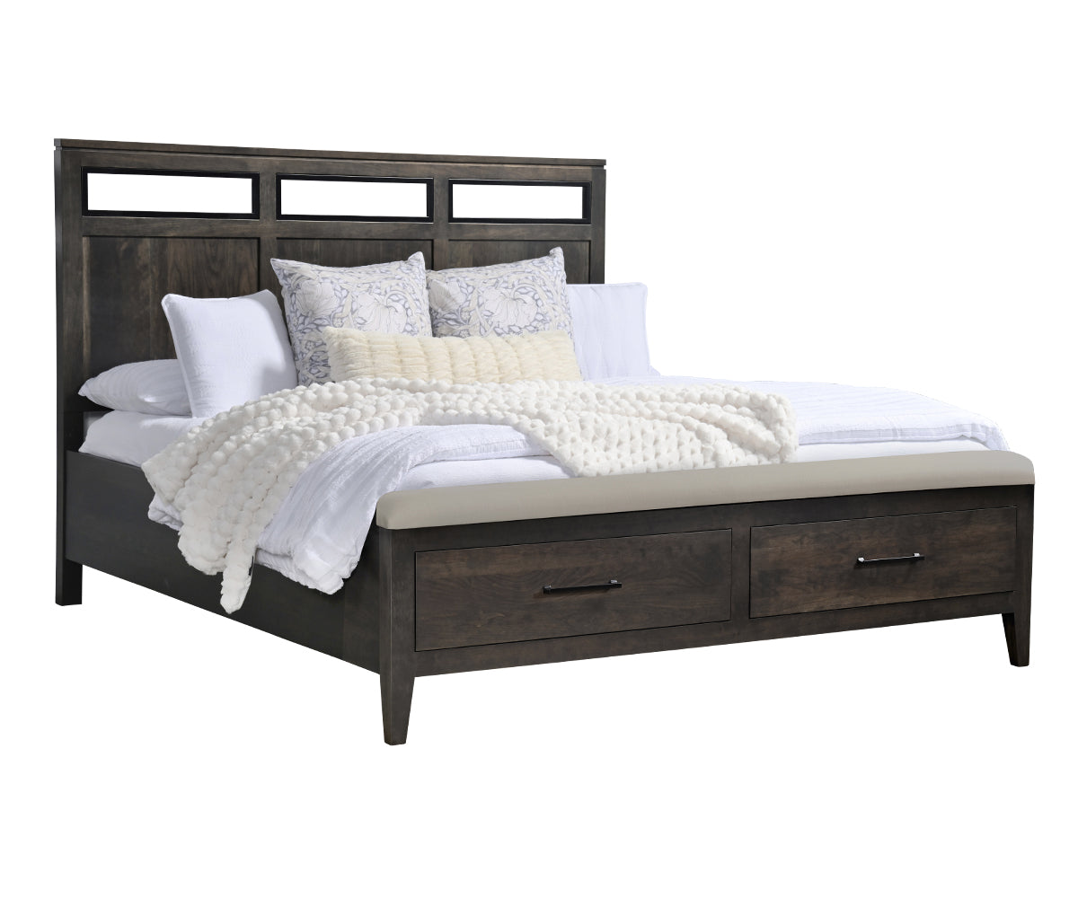 Millcraft Oslo Panel Bed With FB Drawers & Bench (Black Inserts) - Amish Handcrafted Solid Wood
