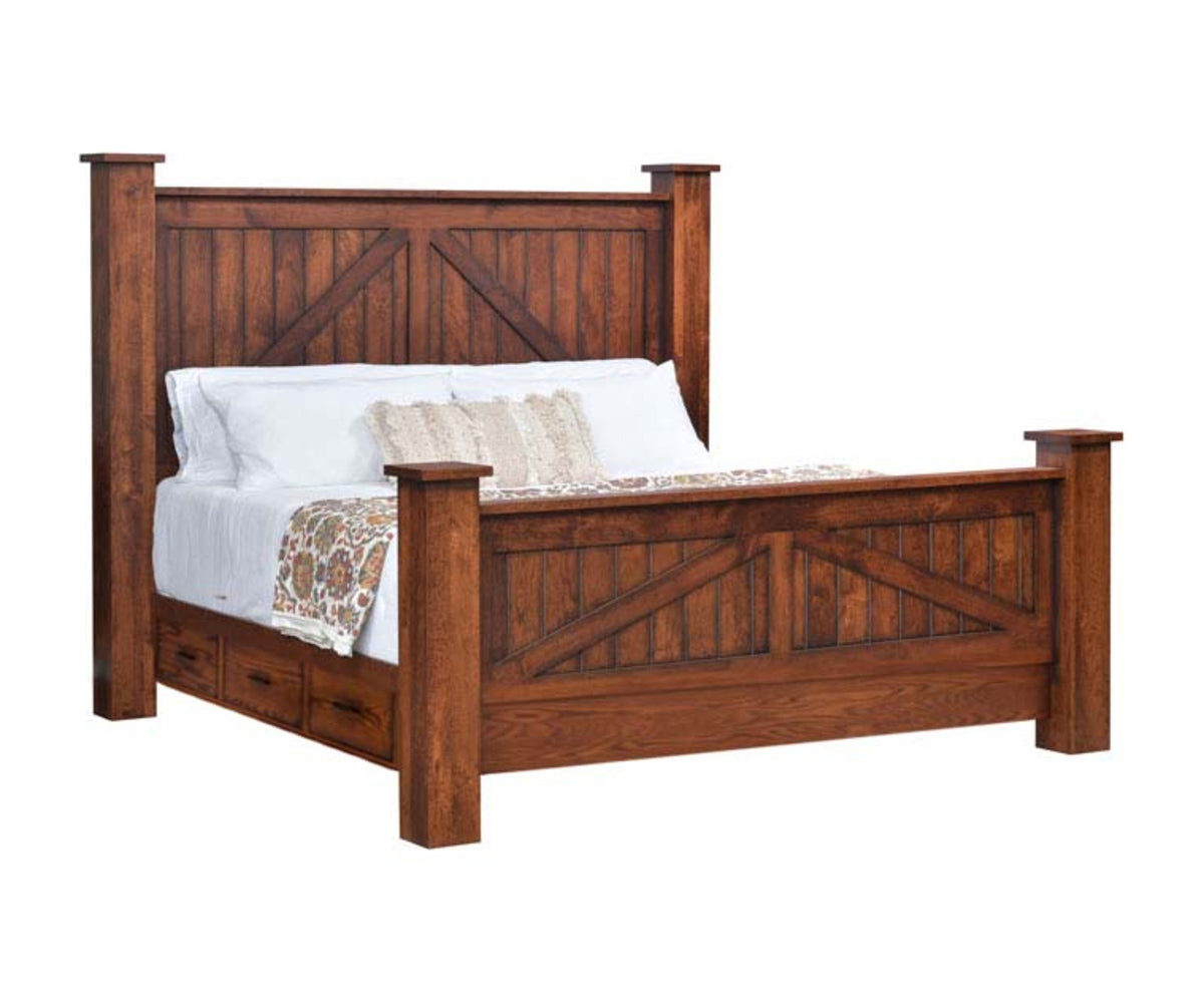Millcraft Mountain Lodge Post Bed With Drawer Units (Drawer Units Raised 6'') - Amish Handcrafted Solid Wood
